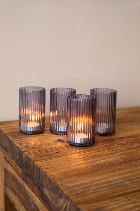 Black Ribbed Glass Tea Light Holders